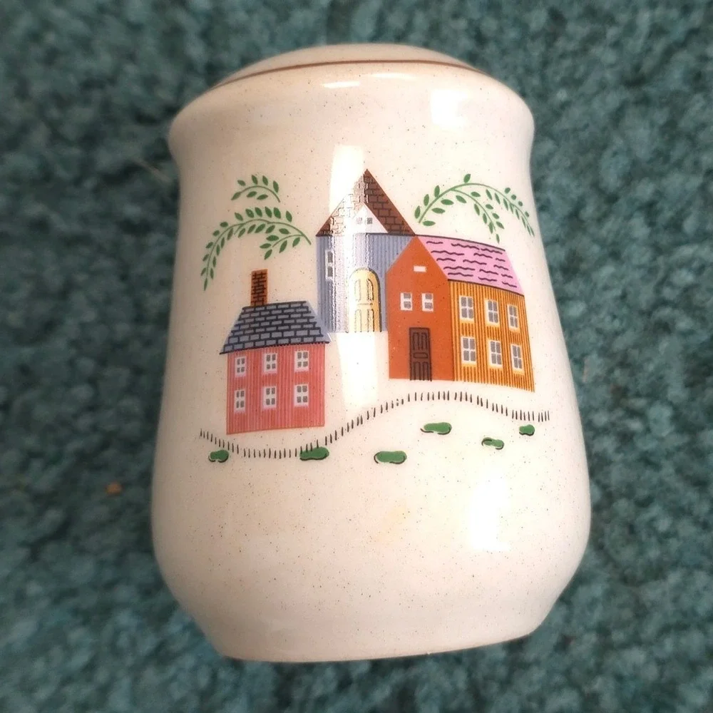 Vintage Newcor Our Country Stoneware Salt Shaker Cream Speckled Ceramic Houses